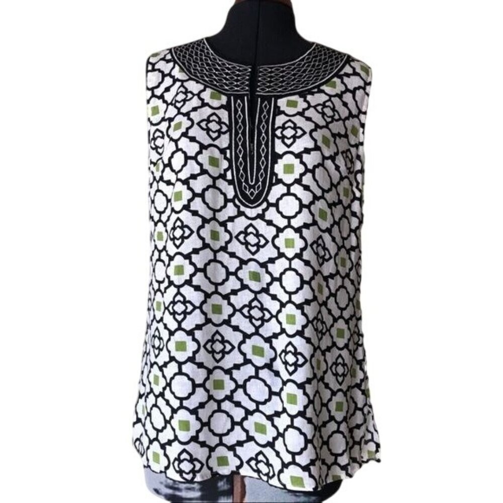 David Brooks Navy,Green,White Linen  Boho Tunic M